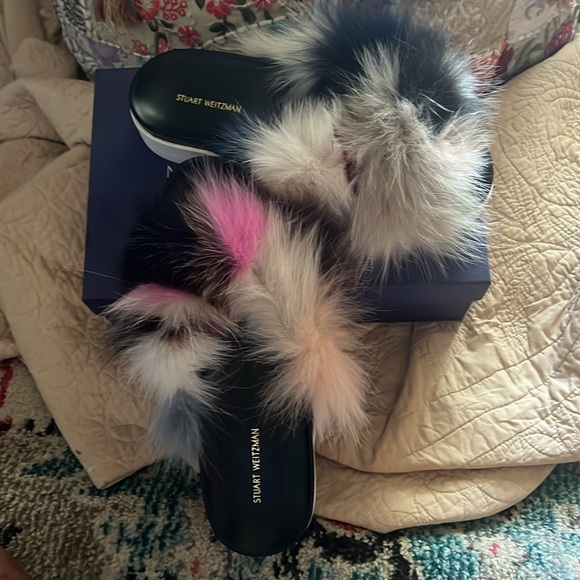 Stuart Weitzman Sublime REAL Multi-Color Fox Fur Sandals Slides Flats Slippers - Picture 14 of 16